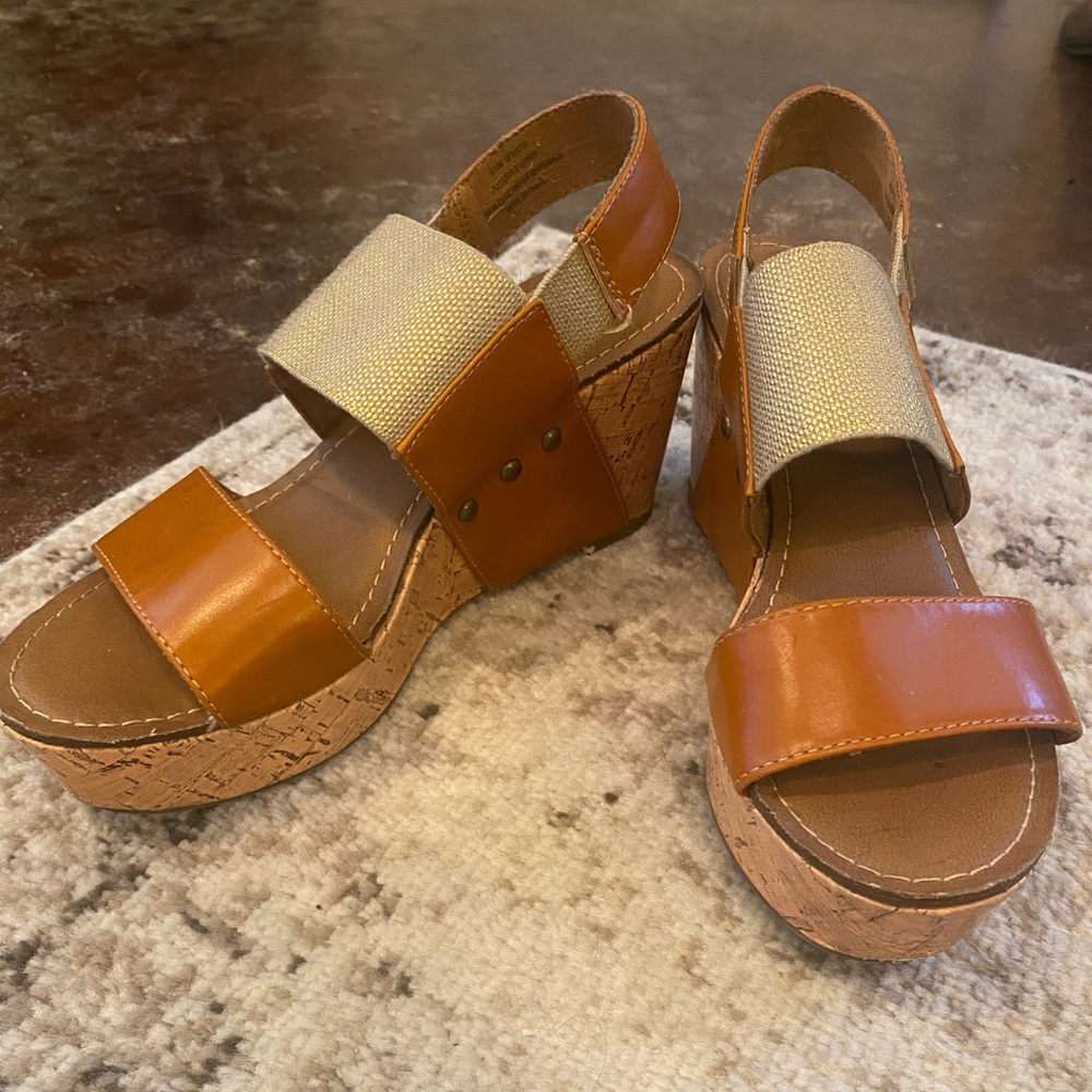Madeline brand wedges, Size 6.5. Camel, gold, cork sole. Excellent condition.
